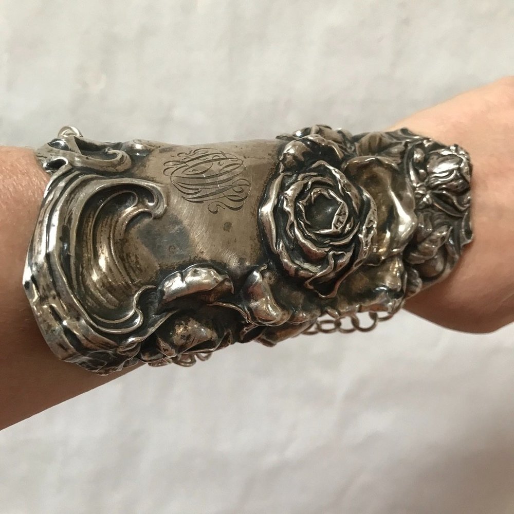 Rose Sterling Silver 925 Bracer Wide Cuff Bracelet Victorian Gladiator Floral - Picture 10 of 11